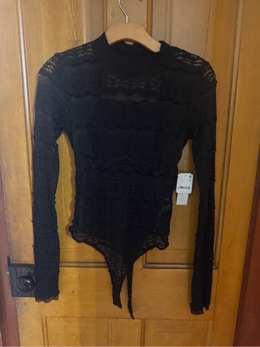 Free People Black Lace Long-Sleeve Mock Neck Bodysuit